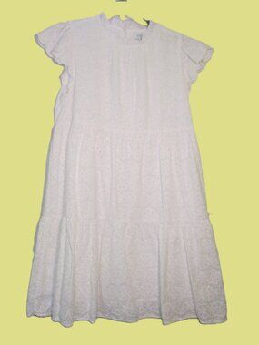 Crown & Ivy White Eyelet Tiered Dress XL Cotton Flutter Sleeve Cottage Modest